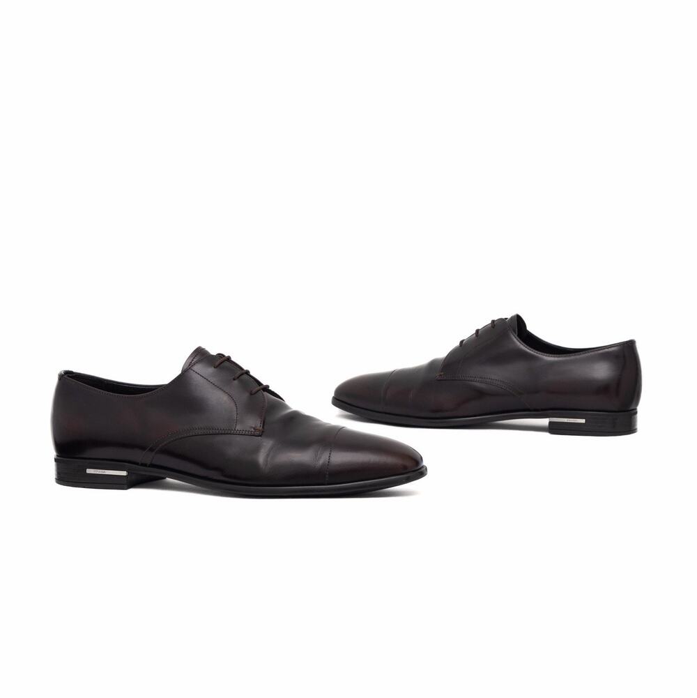 Prada Men's Brushed Leather Cap Toe Laced Up Oxford Dress Shoes Brown UK9 US10